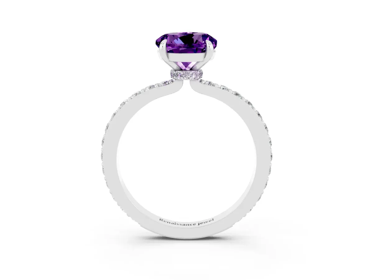 Round Cut Amethyst Solitaire Engagement Ring with Pavé Band and Four-Prong Setting Silver