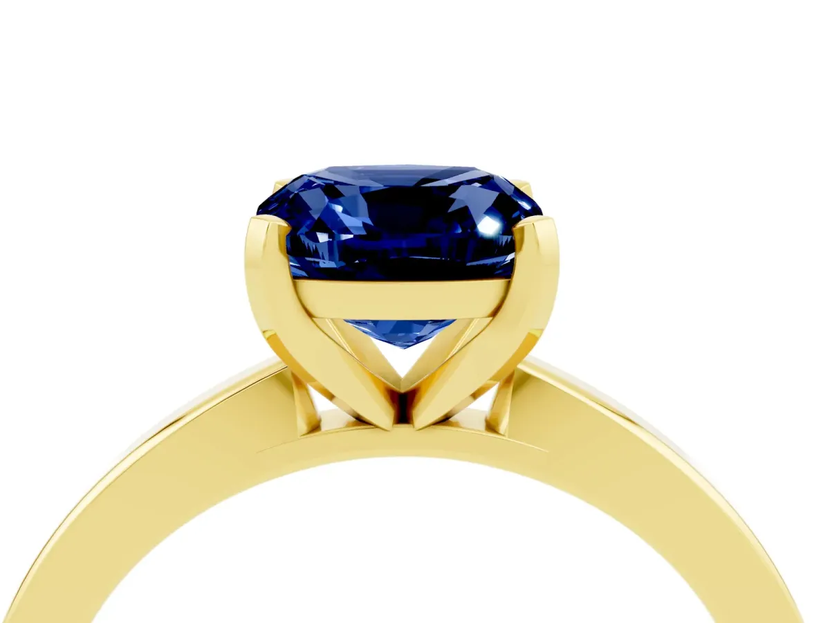 Cushion Cut Blue Sapphire Solitaire Engagement Ring with Classic Band and Four-Prong Setting Yellow gold