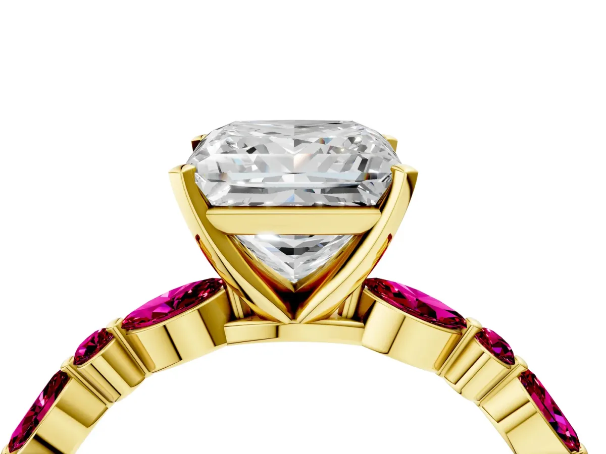 Princess Cut Diamond Ring with Marquise and Round Garnet Side Stones and Four-Prong Setting Yellow gold
