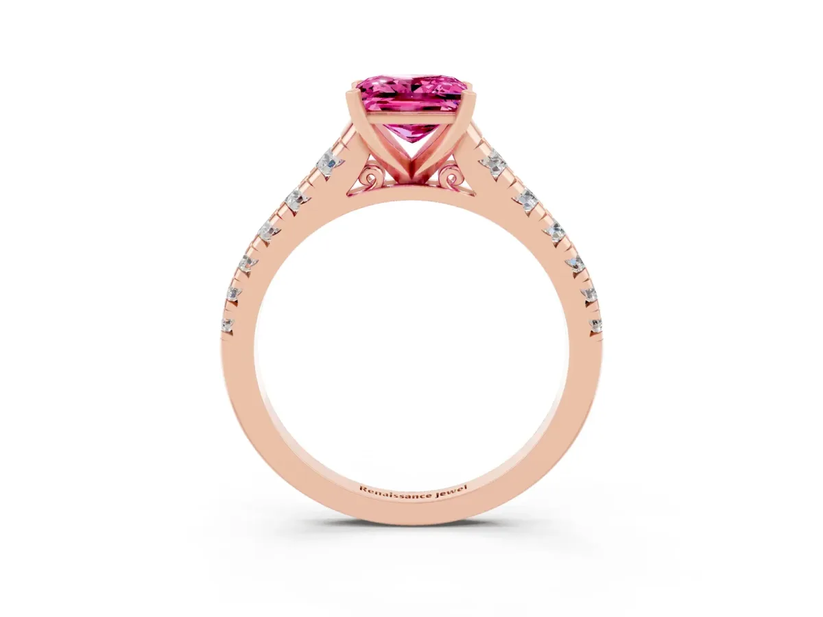 Princess Cut Pink Sapphire Cathedral Solitaire Ring with Round Pavé Band Rose gold