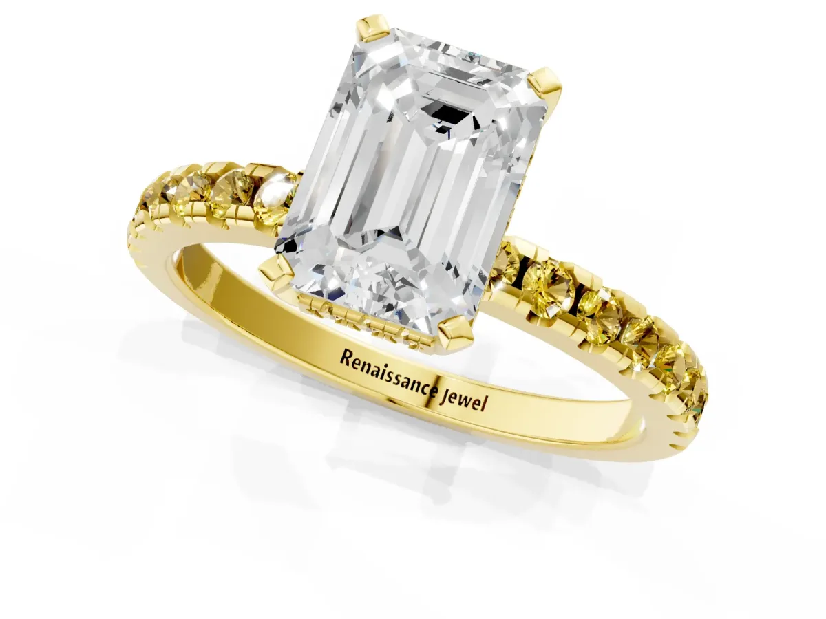 Emerald Cut Diamond Solitaire Ring with Round Yellow Sapphire Pavé Band and Four-Prong Setting Yellow gold