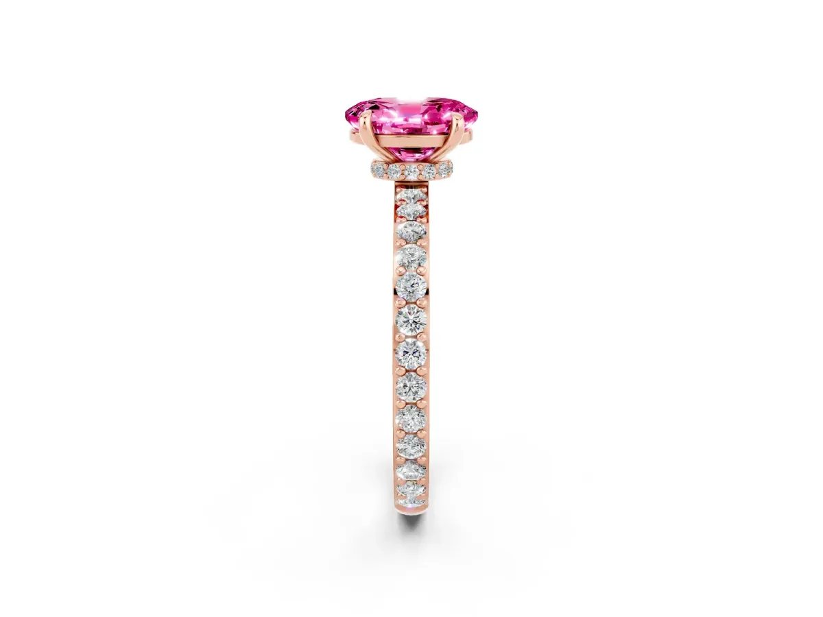 Oval Cut Pink Sapphire Solitaire Engagement Ring with Pavé Band and Four-Prong Setting Rose gold