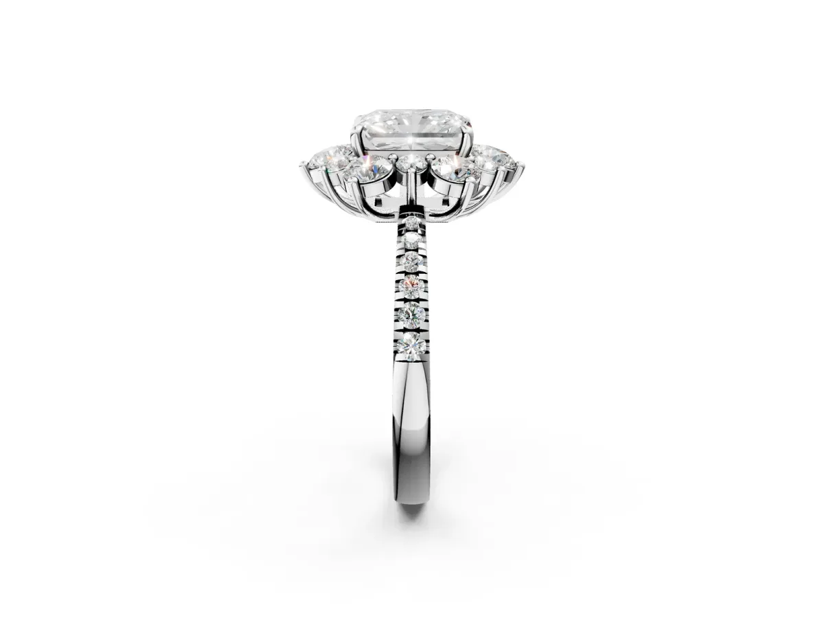 Radiant Cut Diamond Floral Halo Ring with Round Pavé Band and Prong Setting Platinum