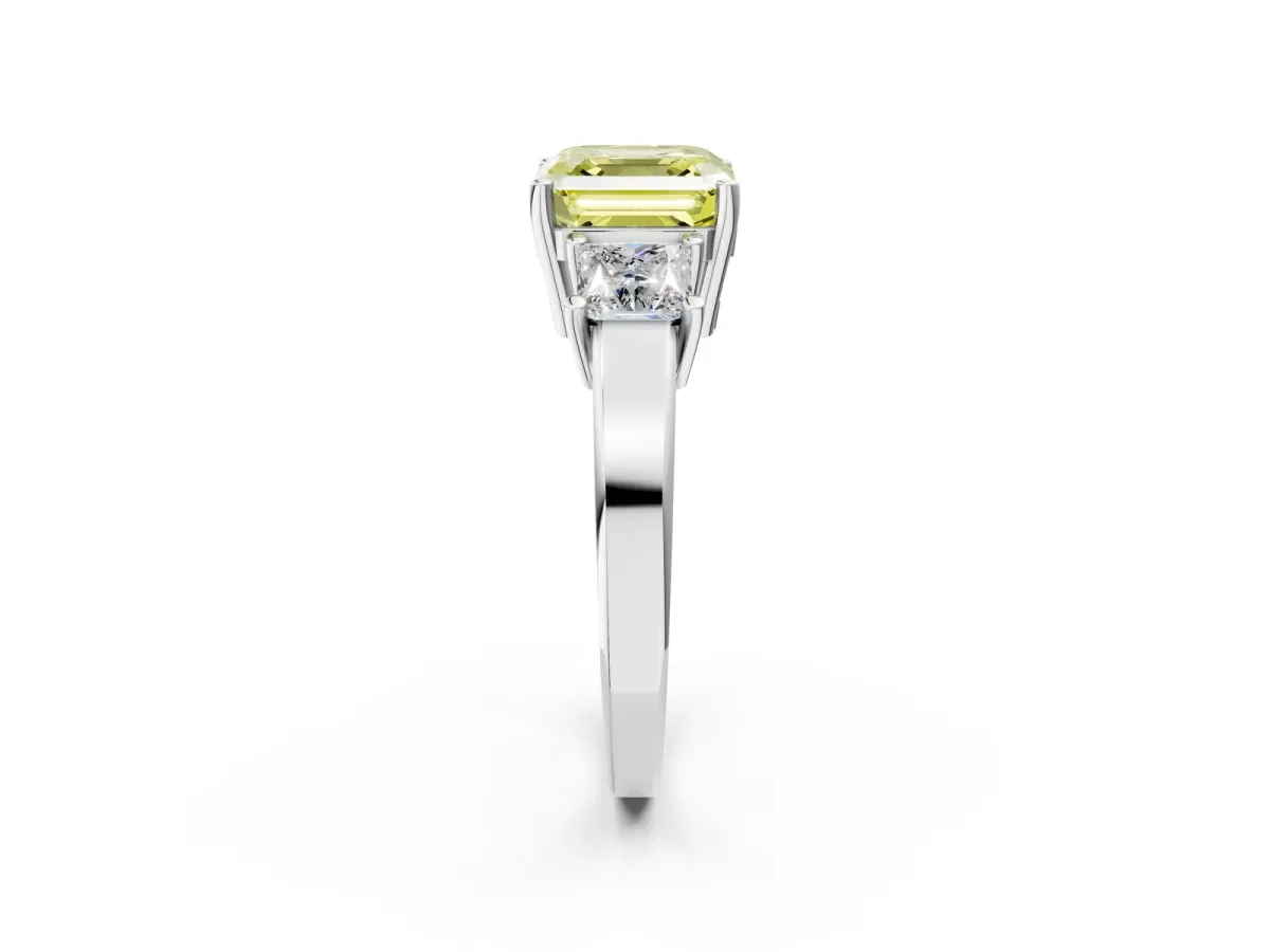 Fancy Yellow Three-Stone Asscher Cut Cut Solitaire Ring with Prong Setting Platinum