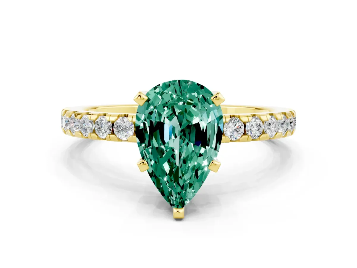 Pear Cut Green Sapphire Solitaire Ring with Round Pavé Band and Four-Prong Setting Yellow gold