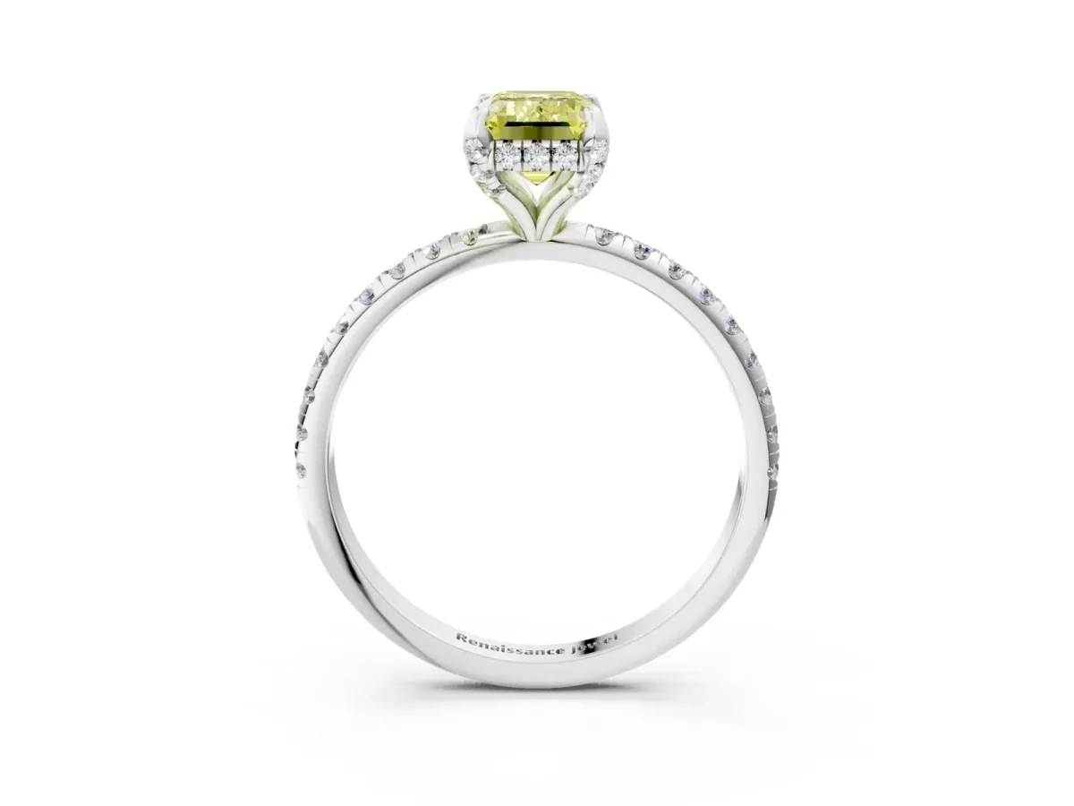 Fancy Yellow Emerald Cut Diamond Hidden Halo Engagement Ring with Round Pavé Band and Prong Setting Silver