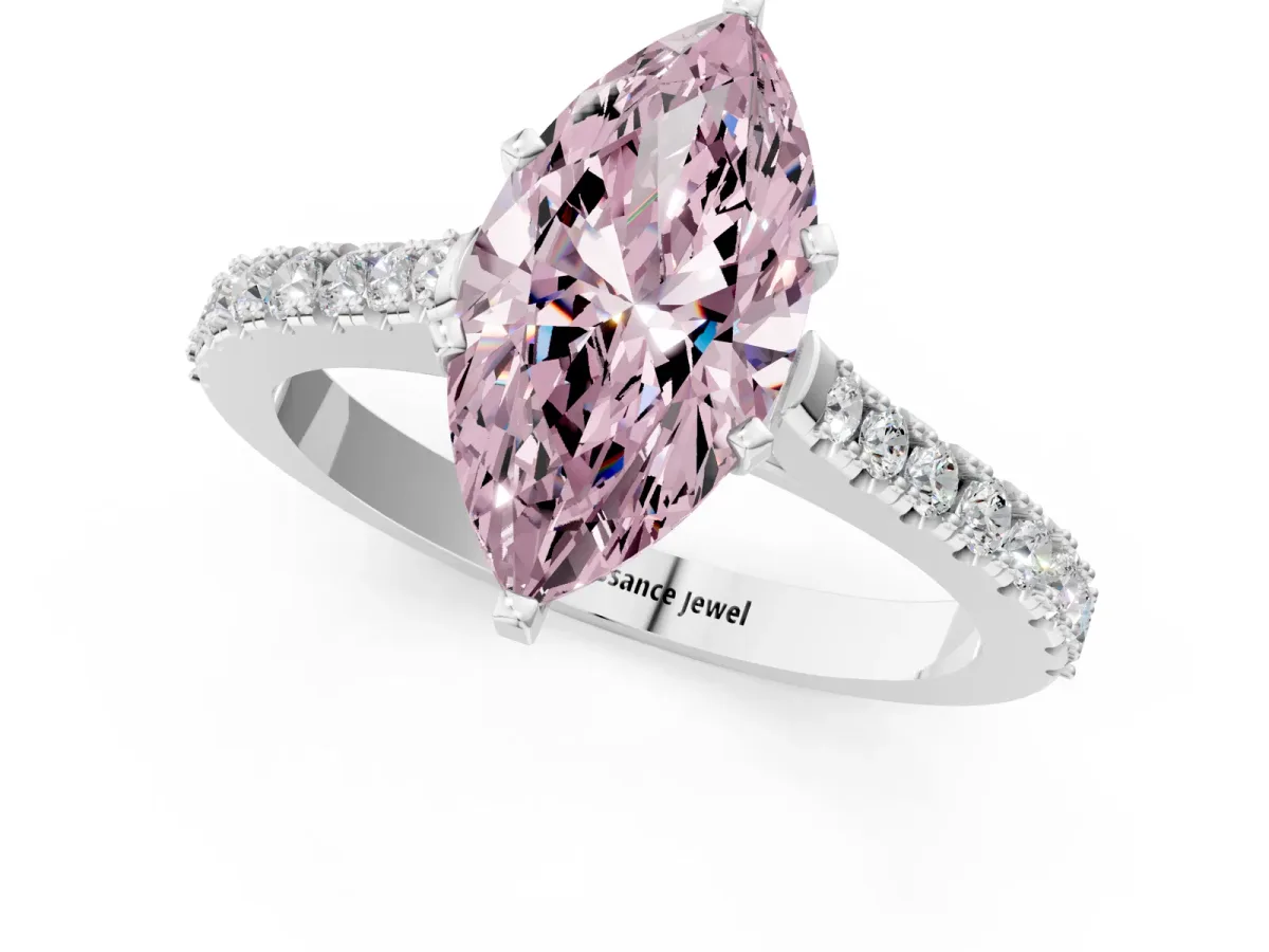 Fancy Pink Marquise Cut Cut Solitaire Diamond Engagement Ring with Pave Band and Four-Prong Setting White gold