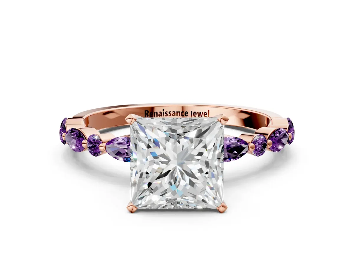 Princess Cut Diamond Ring with Marquise and Round Amethyst Side Stones and Four-Prong Setting Rose gold