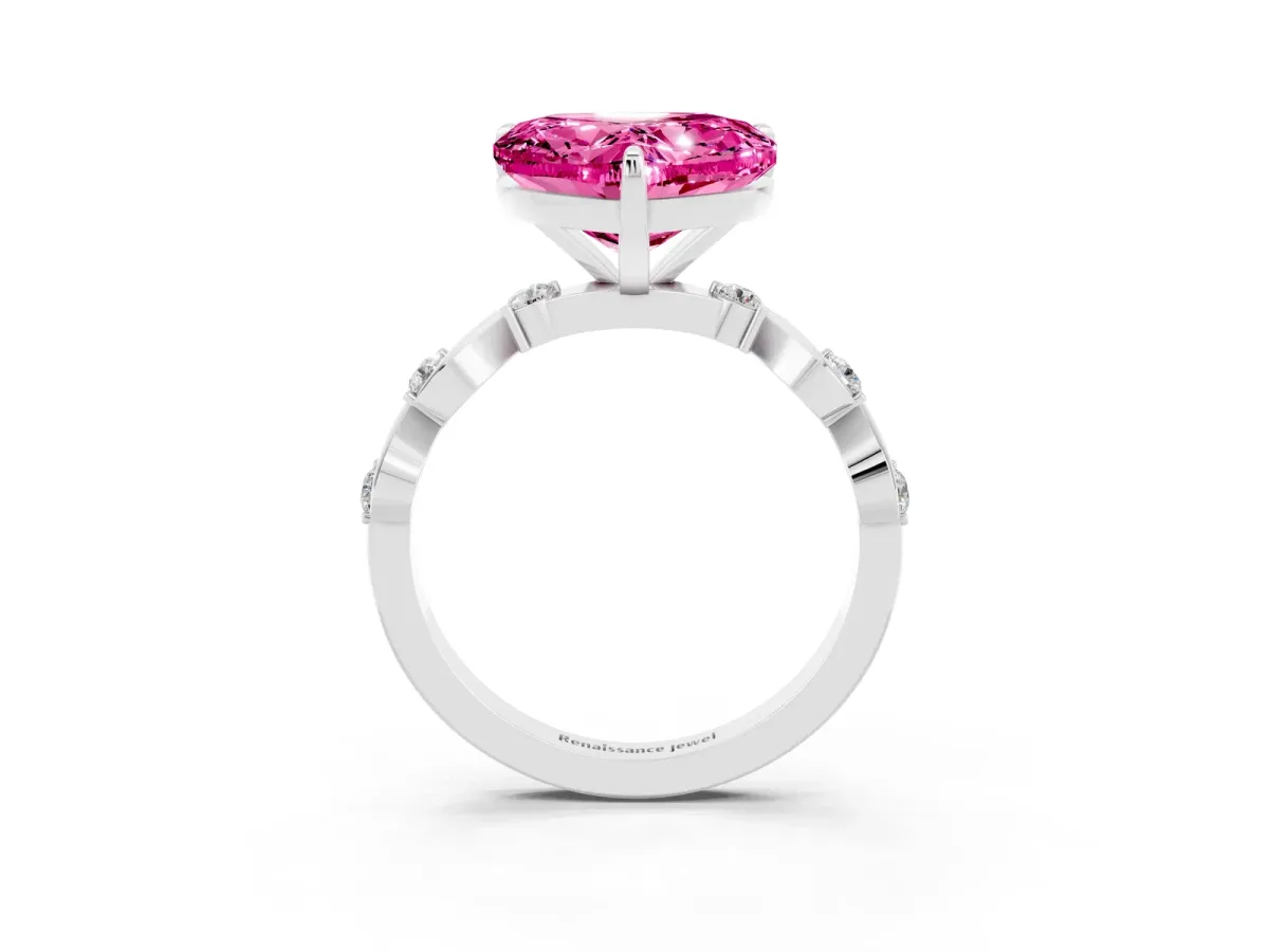 Heart Cut Pink Sapphire Solitaire Twisted Band with Round Accents and Prong Setting Platinum