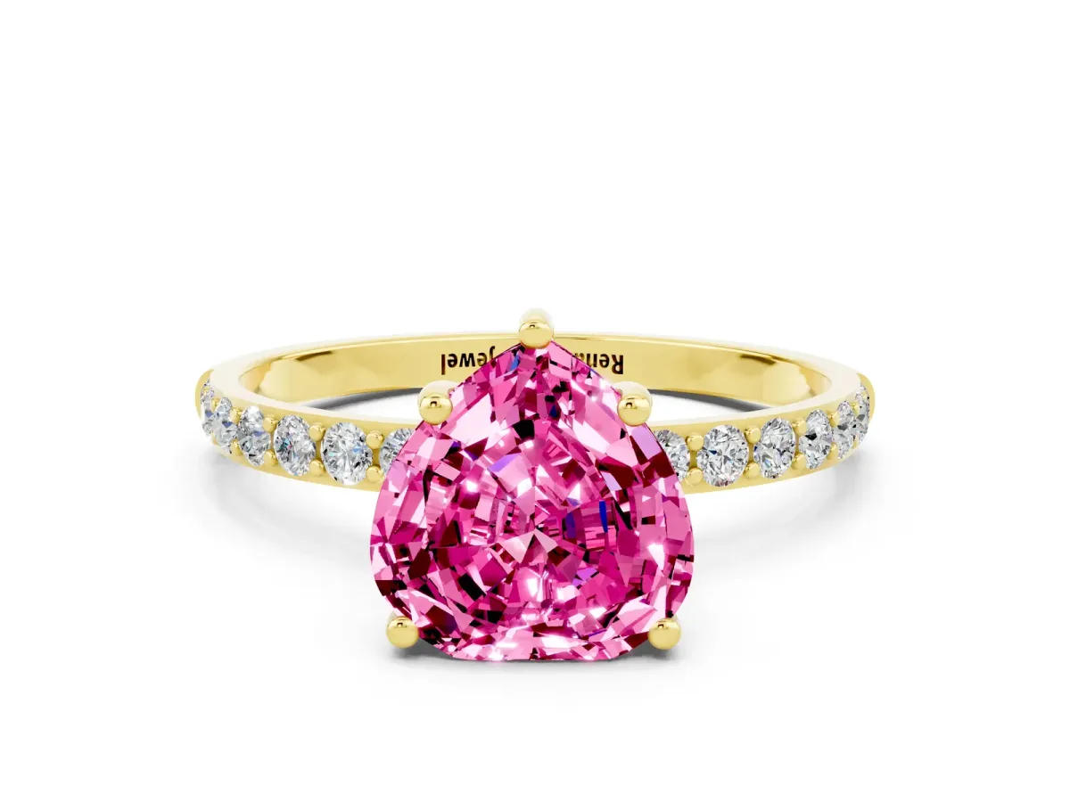 Heart Cut Pink Sapphire Solitaire Ring with Round Pavé Band and Prong Setting Yellow gold