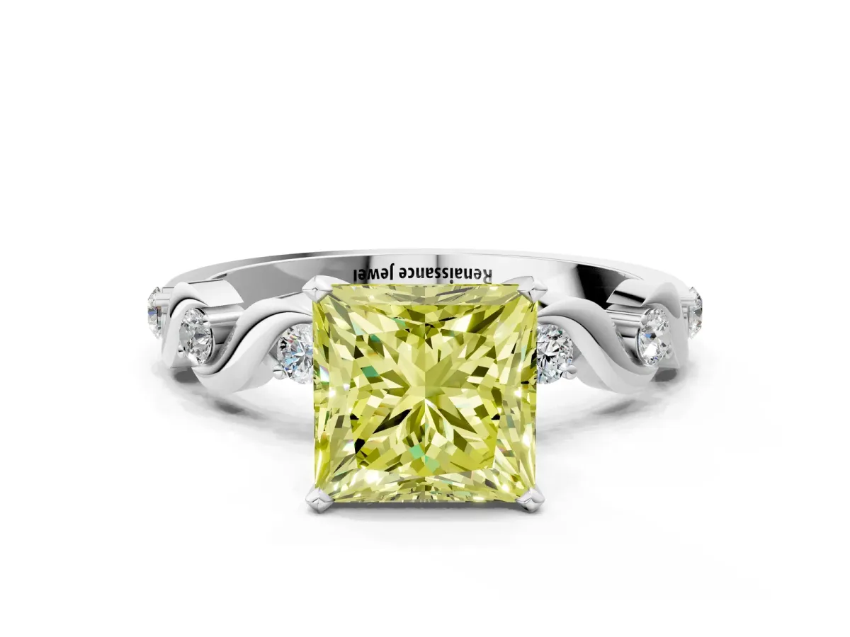 Fancy Yellow Princess Cut Diamond Solitaire Twisted Band with Round Accents and Prong Setting Platinum
