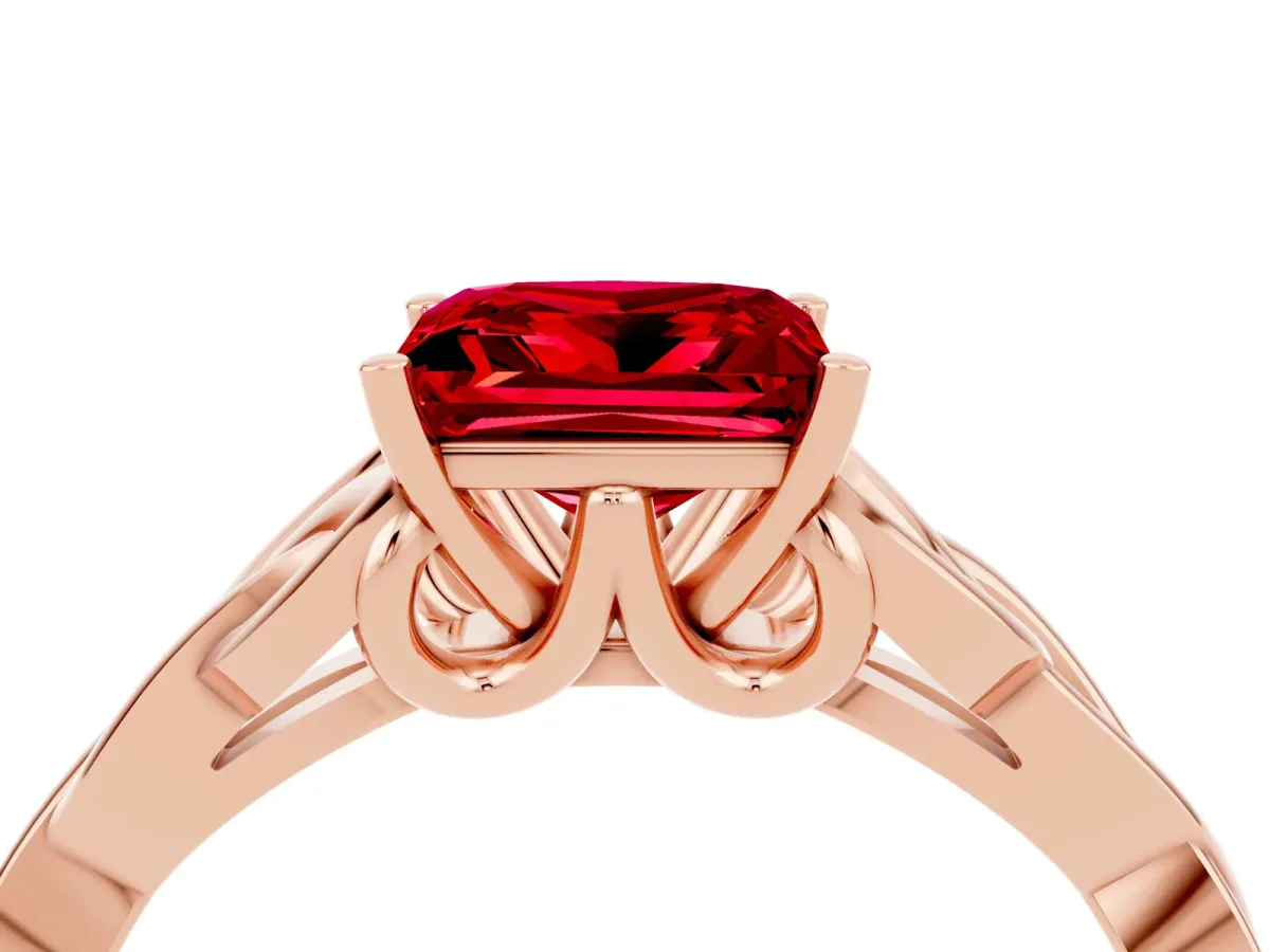 Princess Cut Ruby Solitaire Celtic Knot Ring with Four-Prong Setting Rose gold