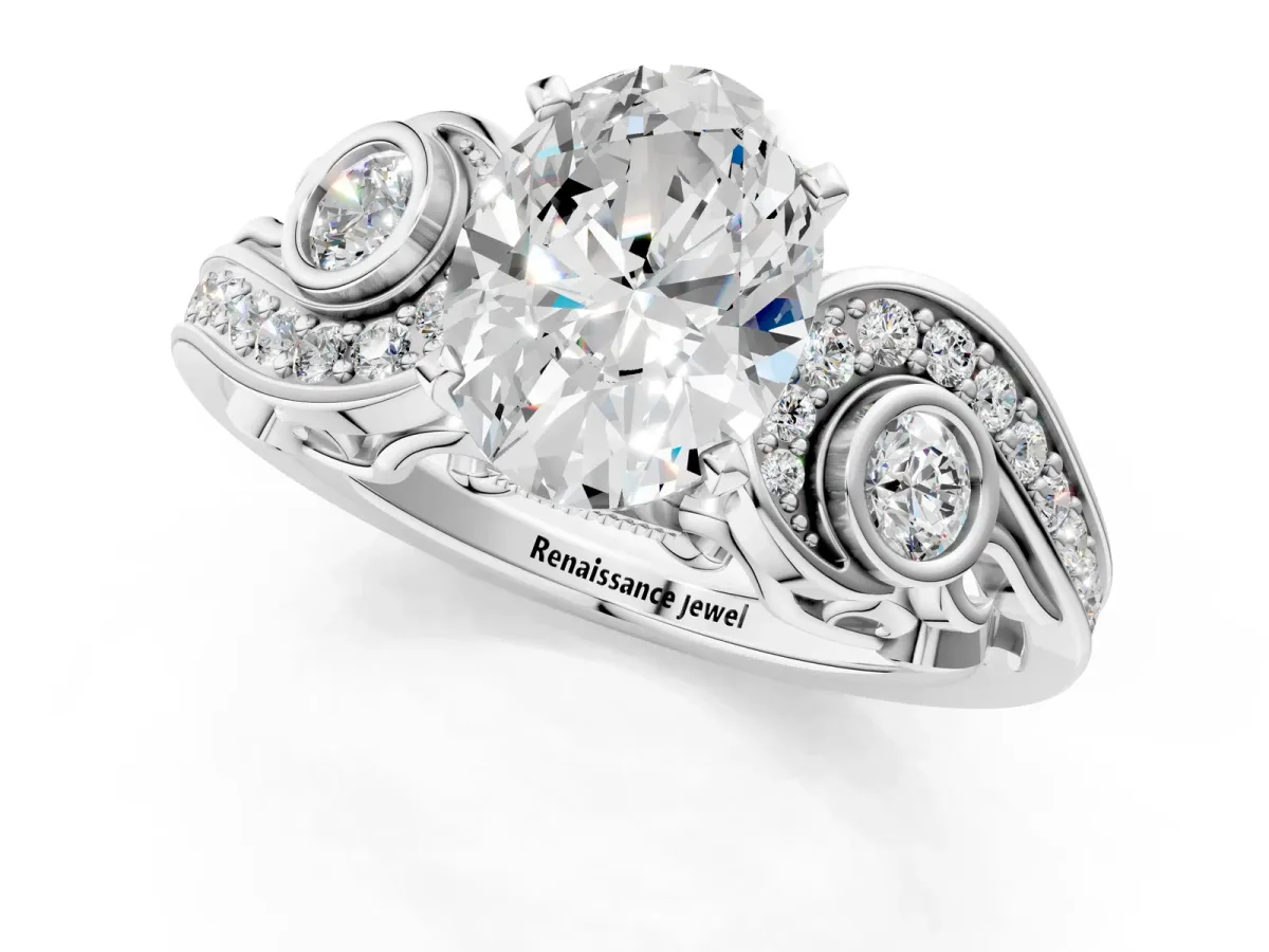 Oval Cut Diamond Solitaire Ring with Milgrain Pavé Band and Four-Prong Setting Platinum