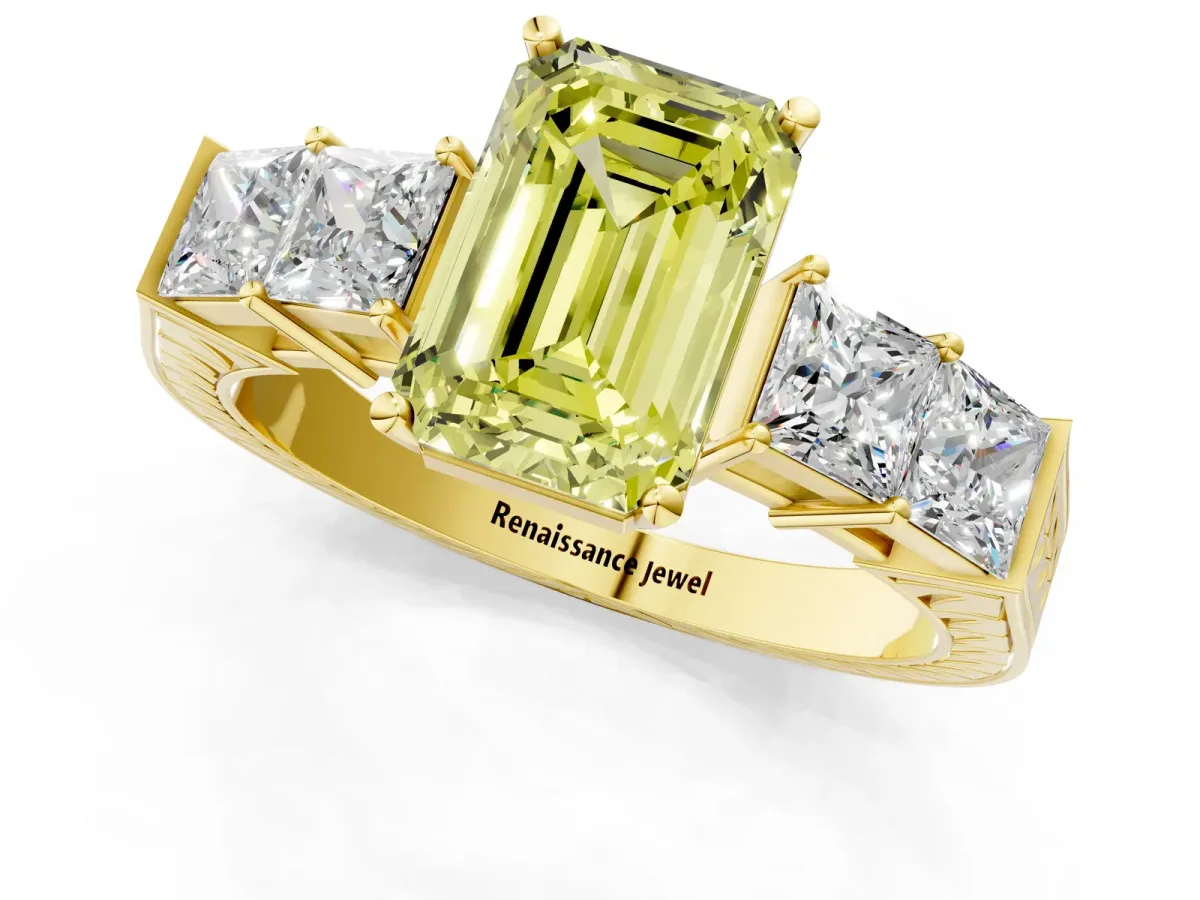 Fancy Yellow Emerald Cut Solitaire Princess Side Stone Engraved Band Prong Setting Ring Yellow gold