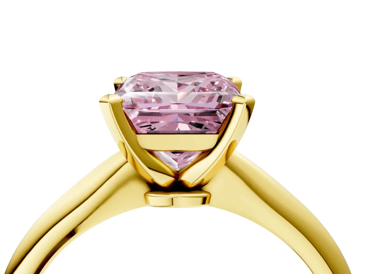 Fancy Pink Princess Cut Diamond Solitaire Engagement Ring with Classic Band and Four-Prong Setting Yellow gold