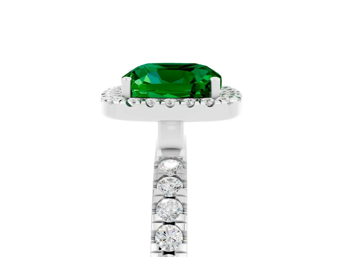 Cushion Cut Emerald Classic Halo Engagement Ring with Round Pavé Band and Prong Setting White gold