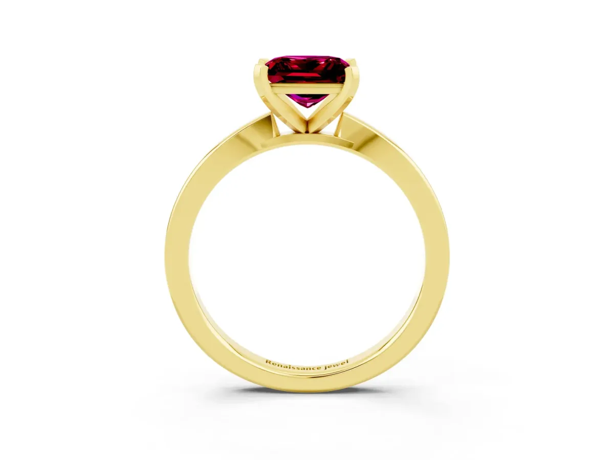 Princess Cut Garnet Solitaire Engagement Ring with Classic Band and Four-Prong Setting Yellow gold