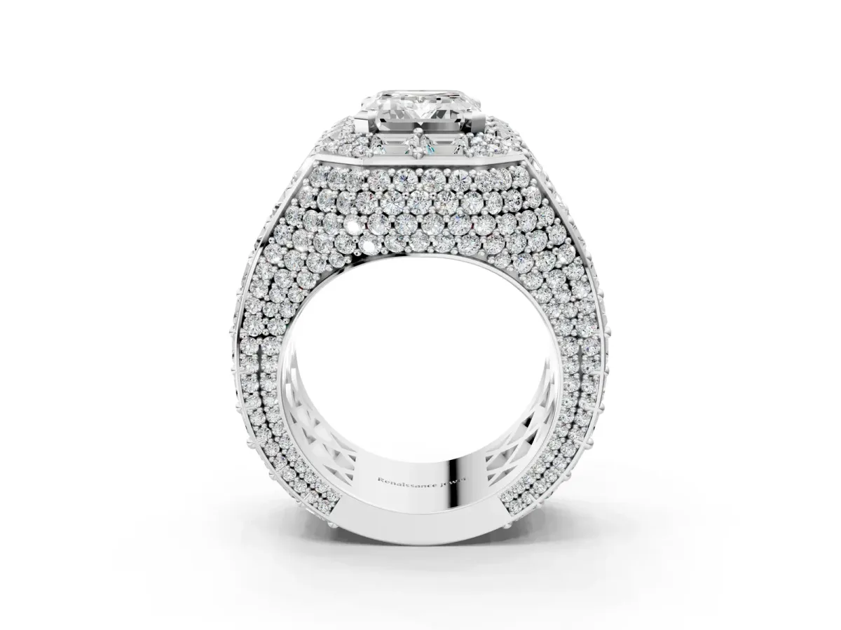Emerald Cut Diamond Pavé Statement Mens Ring with Baguette Accents White gold