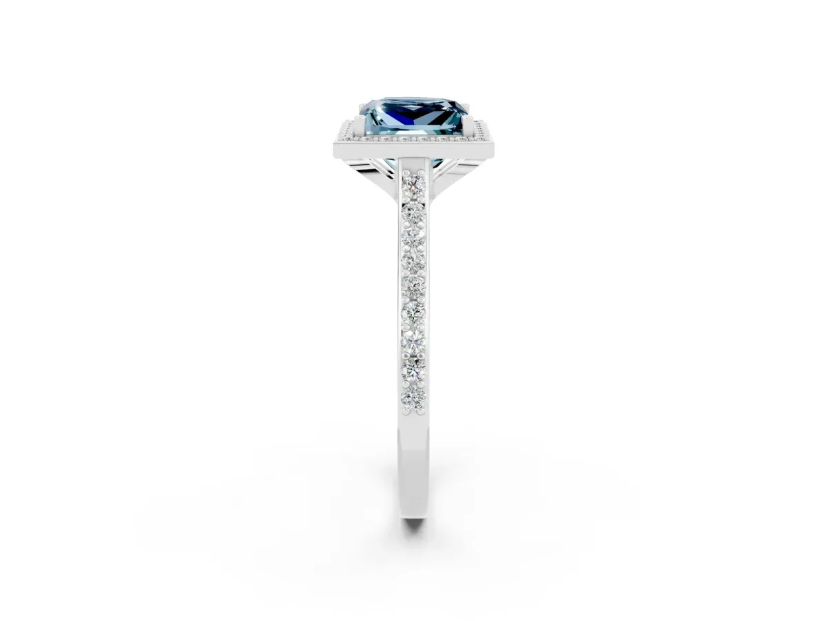 Princess Cut Aquamarine Halo Engagement Ring with Round Pavé Shoulders and Prong Setting Silver