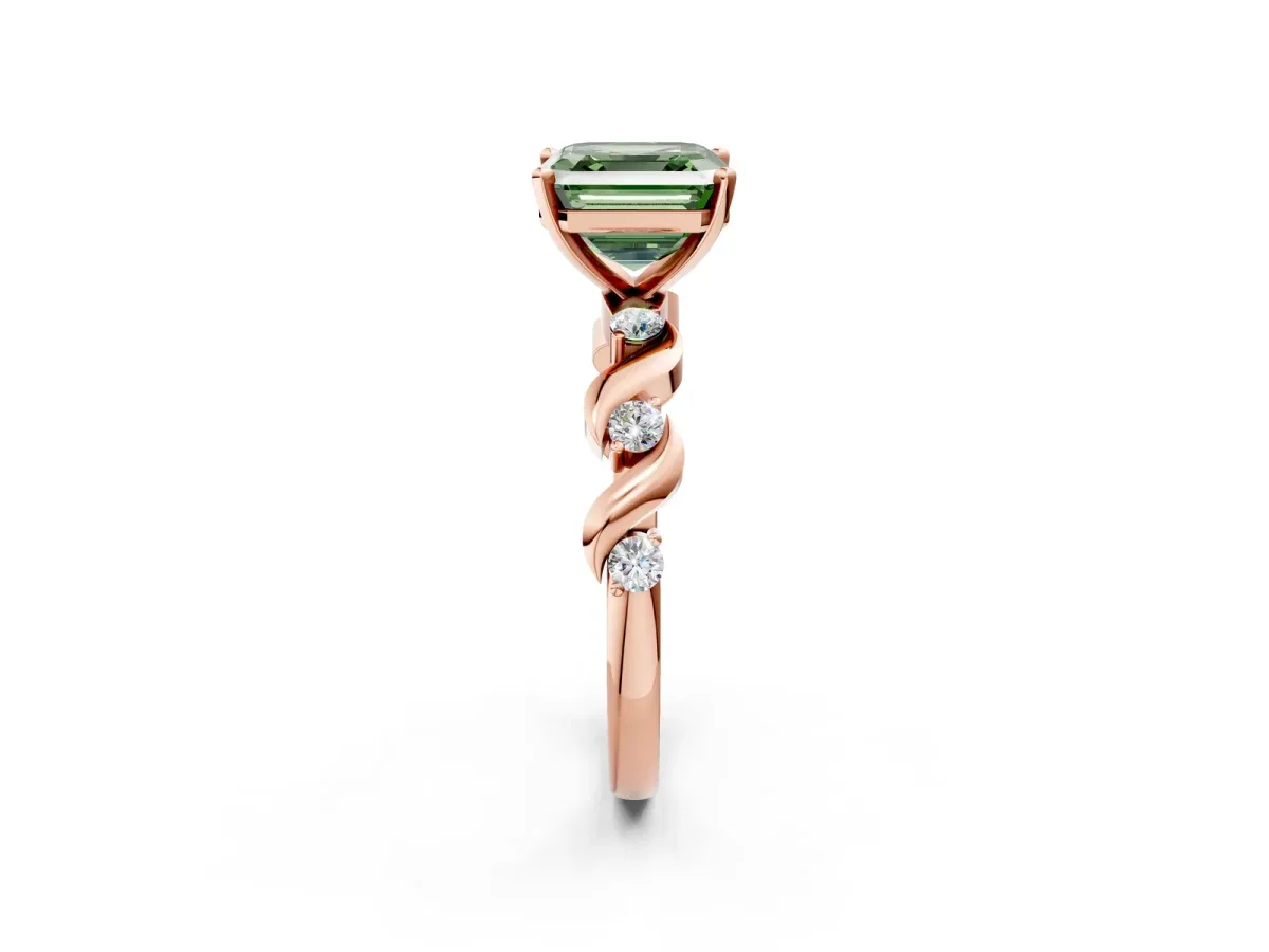 Fancy Green Asscher Cut Diamond Solitaire Twisted Band with Round Accents and Prong Setting Rose gold