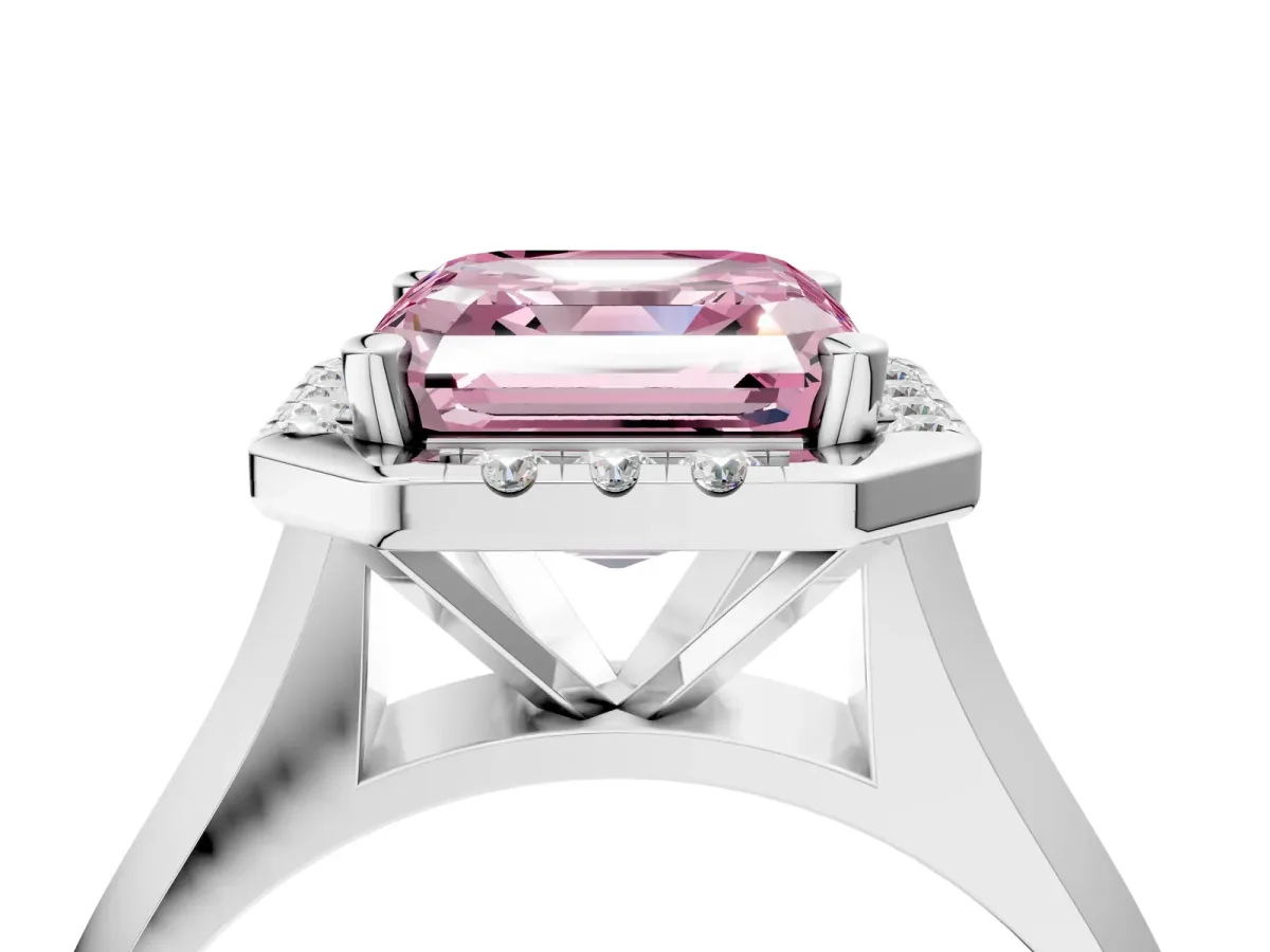 Fancy Pink Asscher Cut Cut Halo Solitaire Engagement Ring with Square Band and Four-Prong Setting White gold