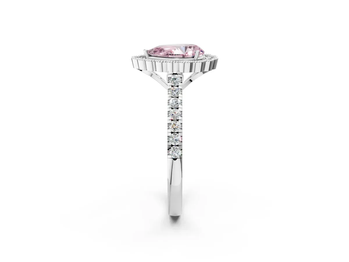 Fancy Pink Pear Cut Cut Diamond Milgrain Floral Halo Engagement Ring with Pavé Band Silver