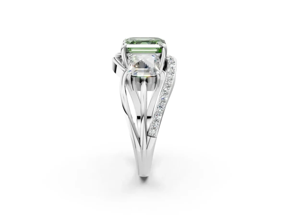 Fancy Green Three-Stone Asscher Cut Cut Diamond Split Shank Prong Set Ring Platinum