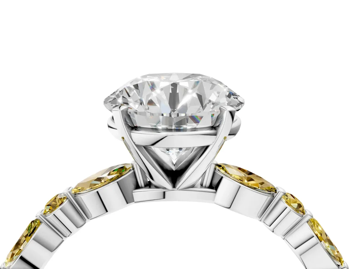 Round Cut Diamond Ring with Marquise and Round Yellow Sapphire Side Stones and Four-Prong Setting Platinum