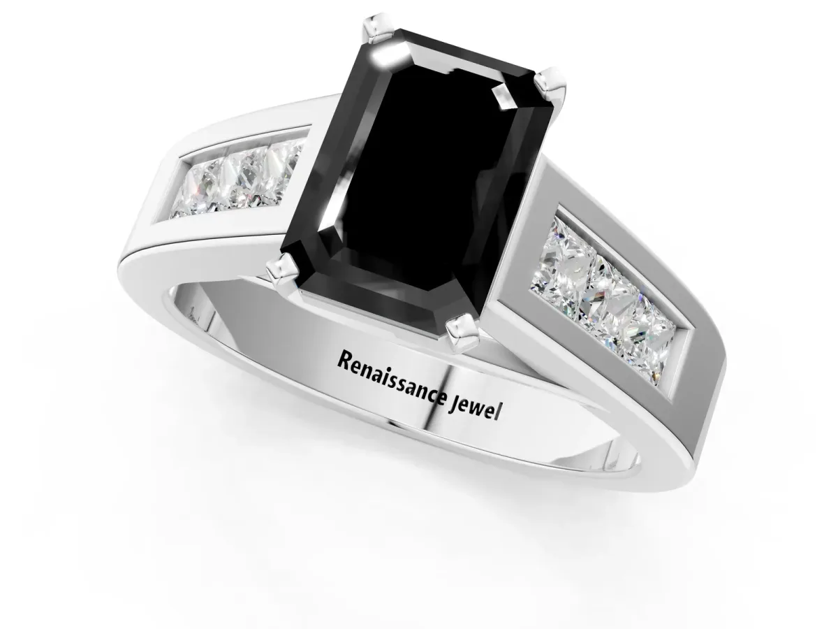 Fancy Black Emerald Cut Cut Channel Set Solitaire Ring with Four-Prong Setting White gold