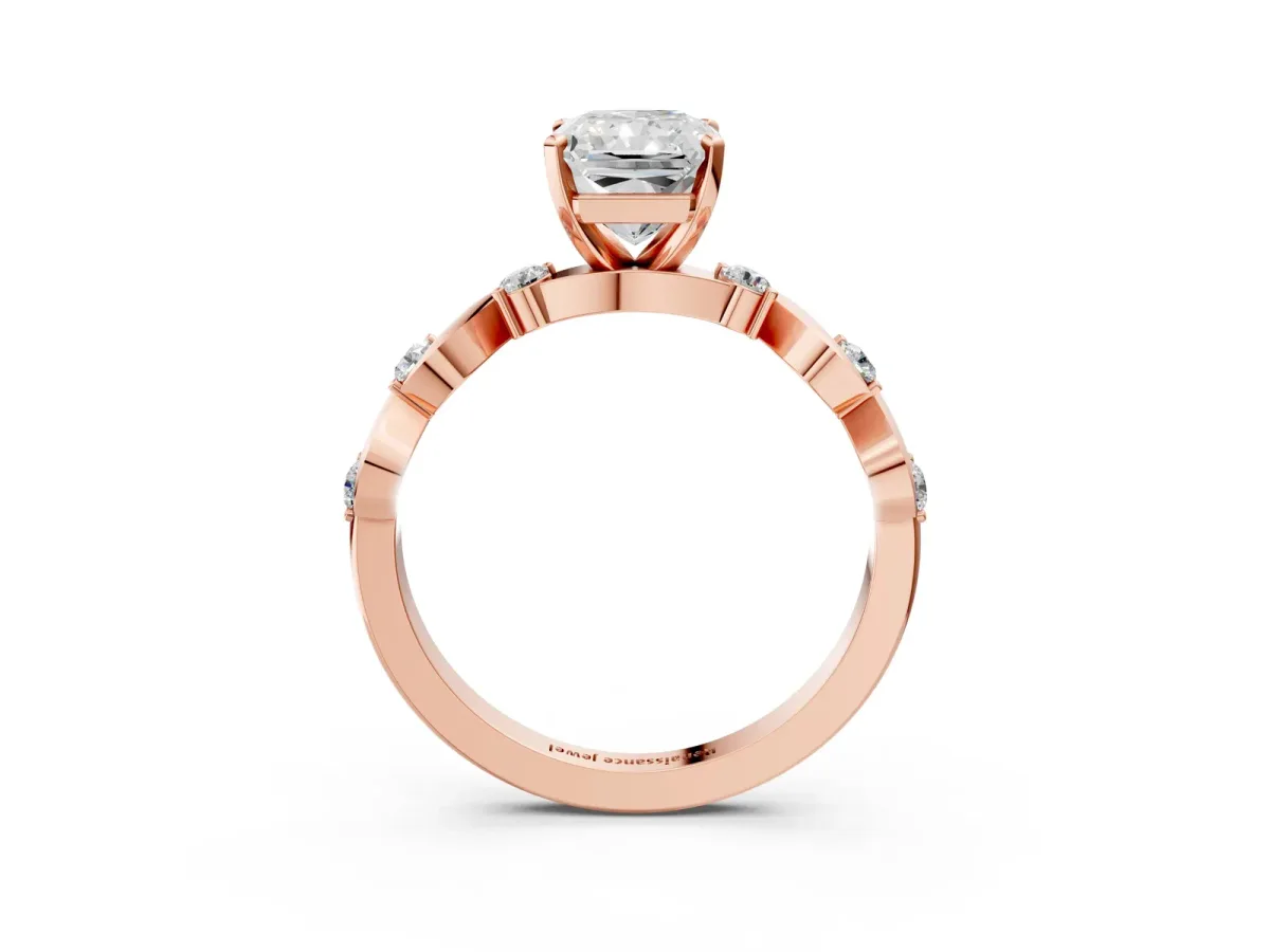 Radiant Cut Diamond Solitaire Twisted Band with Round Accents and Prong Setting Rose gold