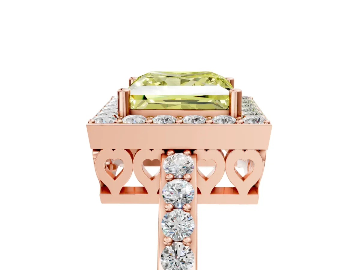 Fancy Yellow Princess Cut Halo Diamond Pavé Band Ring with Prong Setting Rose gold