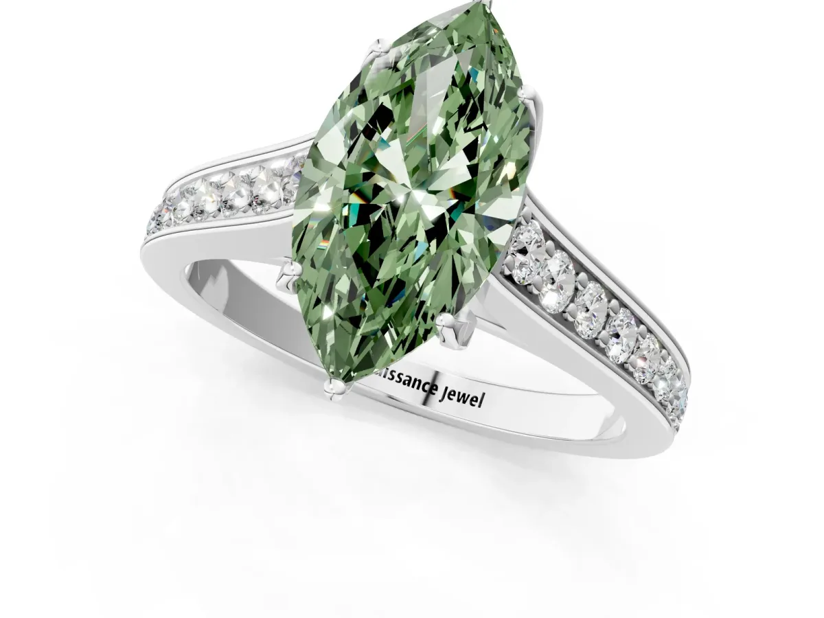 Fancy Green Marquise Cut Brilliant Cut Diamond Engagement Ring with Pavé Band and Four-Prong Setting Platinum