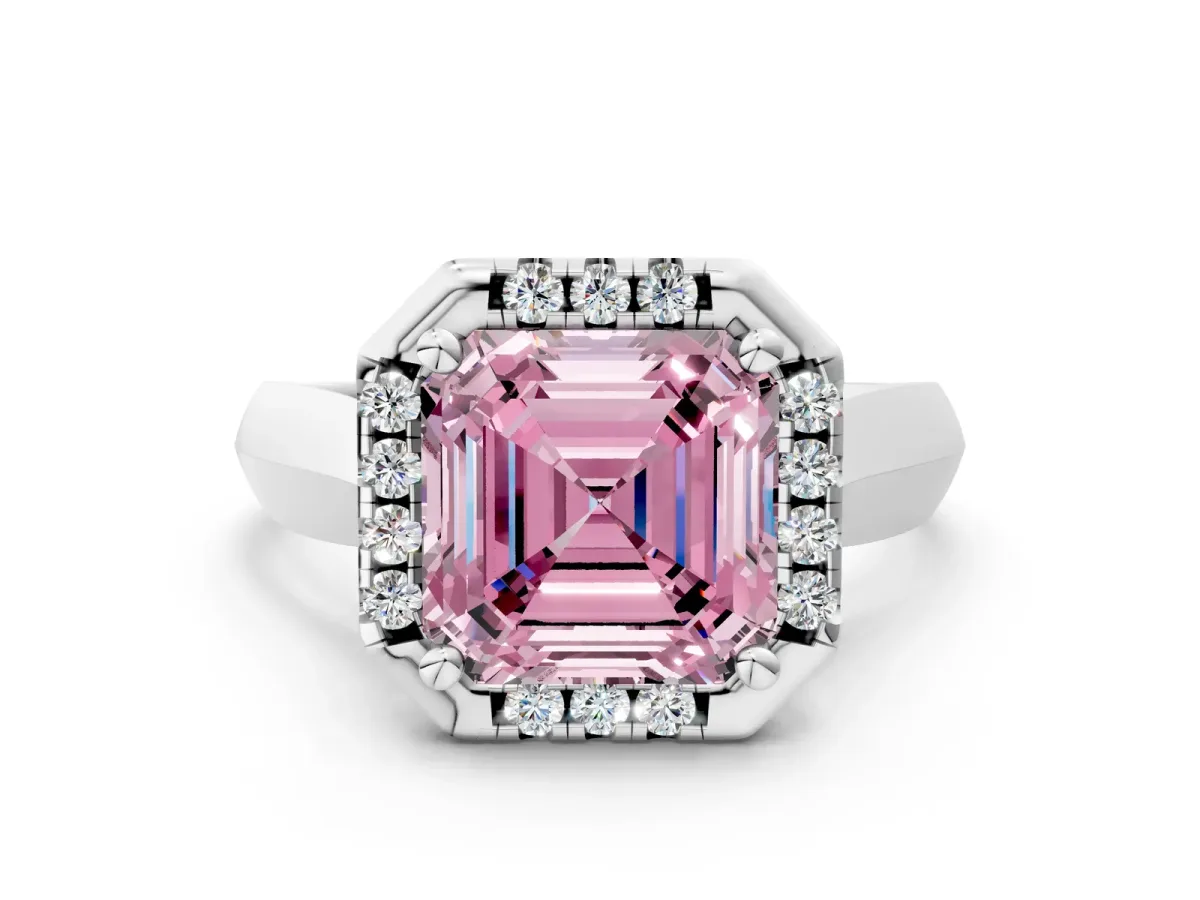 Fancy Pink Asscher Cut Cut Halo Solitaire Engagement Ring with Square Band and Four-Prong Setting White gold