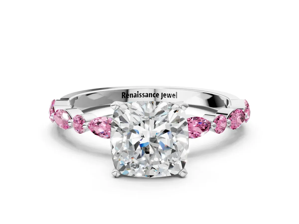 Cushion Cut Diamond Ring with Marquise and Round Pink Sapphire Side Stones and Four-Prong Setting Platinum