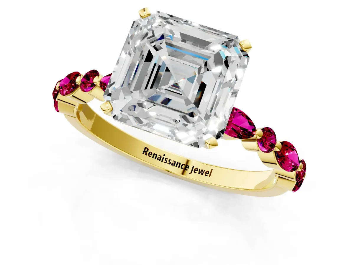 Asscher Cut Diamond Ring with Marquise and Round Garnet Side Stones and Four-Prong Setting Yellow gold