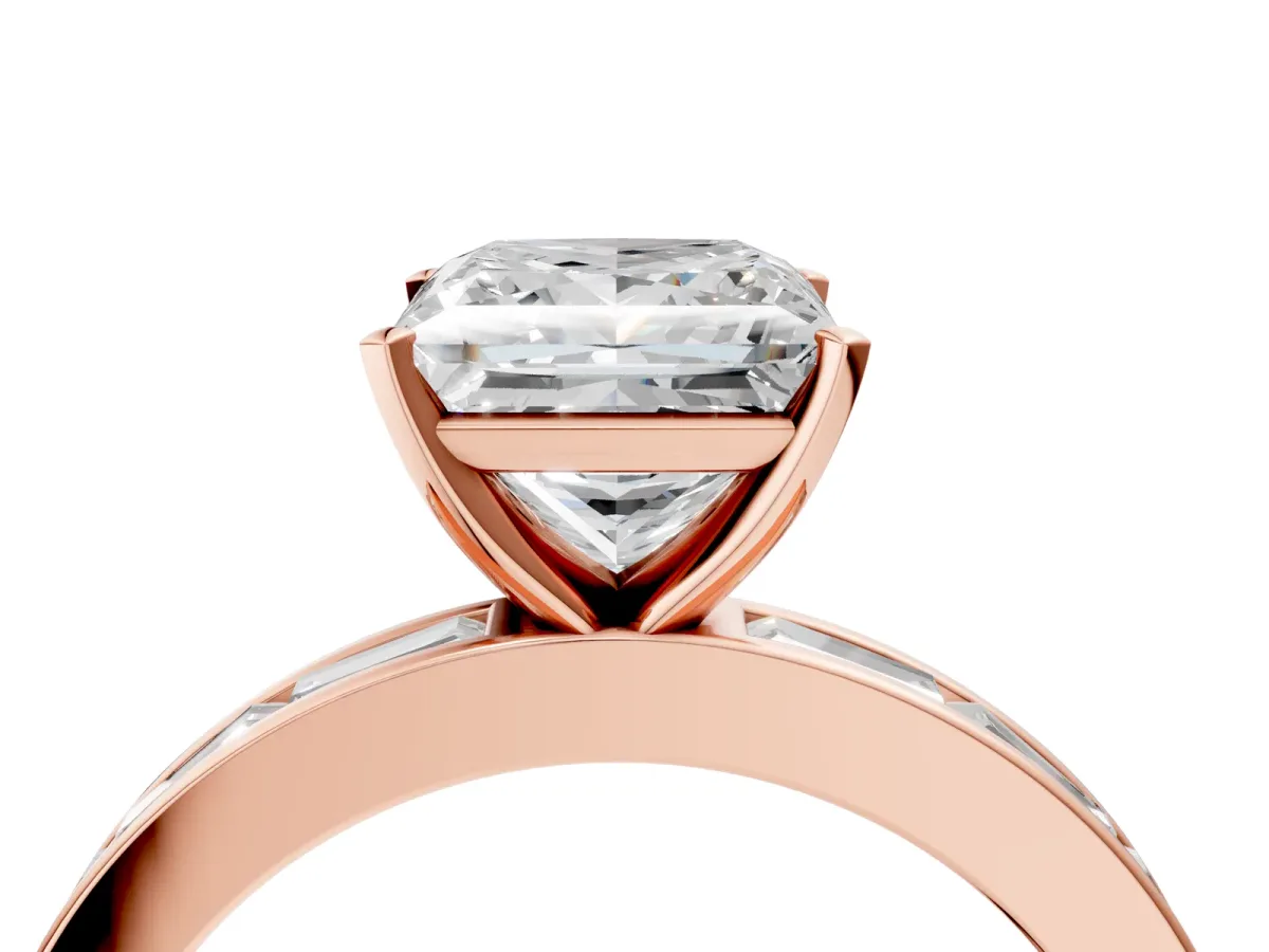 Princess Cut Solitaire Diamond Ring with Channel-Set Baguette Band and Four-Prong Setting Rose gold