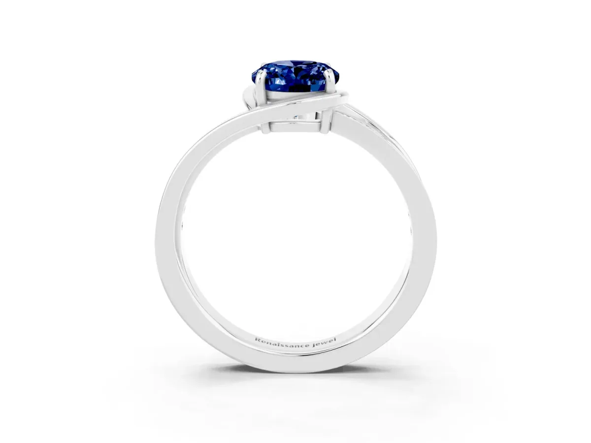 Oval Cut Blue Sapphire Solitaire Ring with Split Shank and Prong Setting White gold