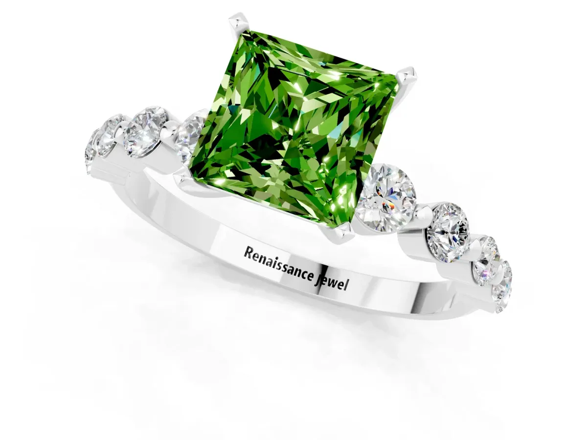 Princess Cut Solitaire Peridot Ring with Pave Band and Four-Prong Setting Silver