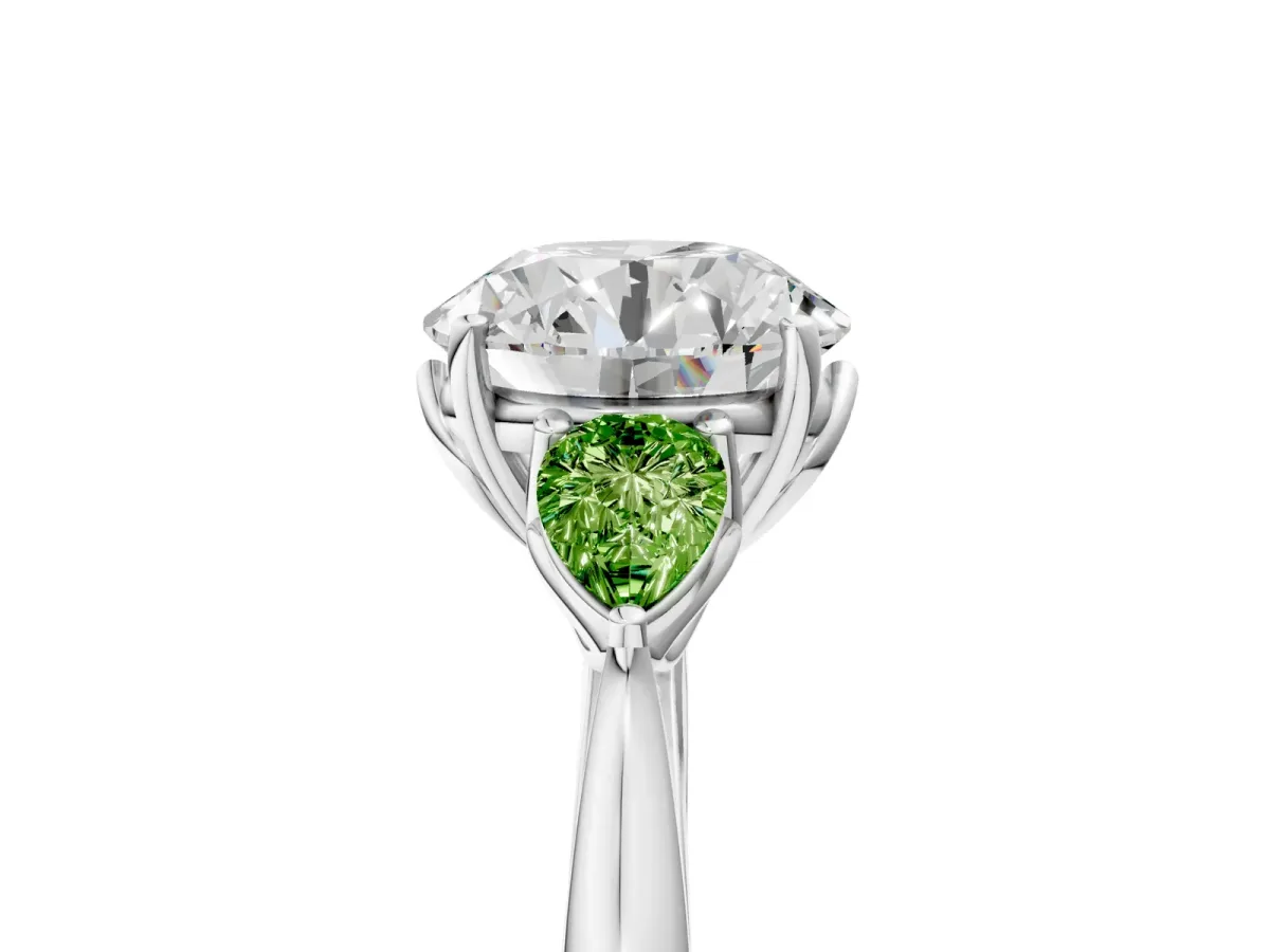 Round Cut Diamond Three-Stone Ring with Pear Peridot Side Stones and Prong Setting Silver