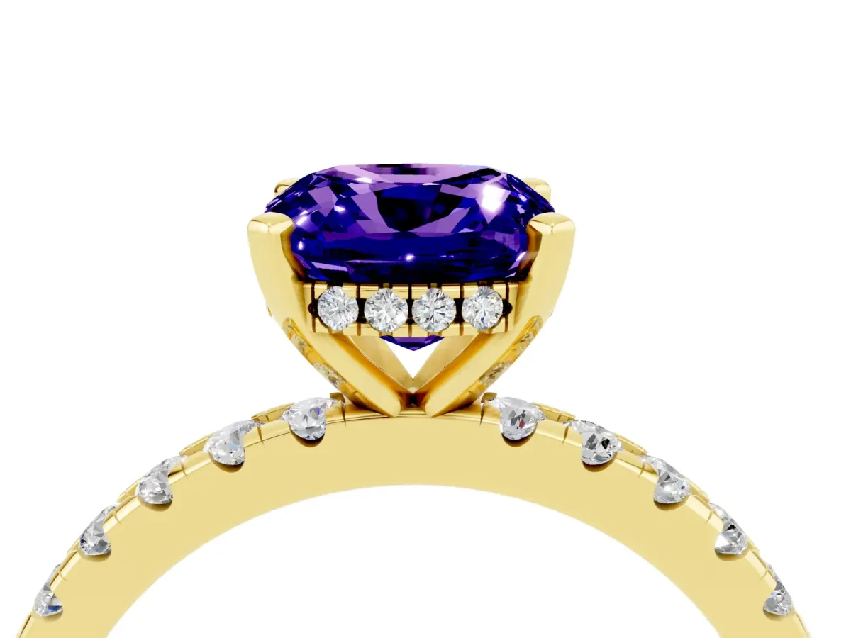 Cushion Cut Tanzanite Solitaire Ring with Round Pavé Band and Four-Prong Setting Yellow gold