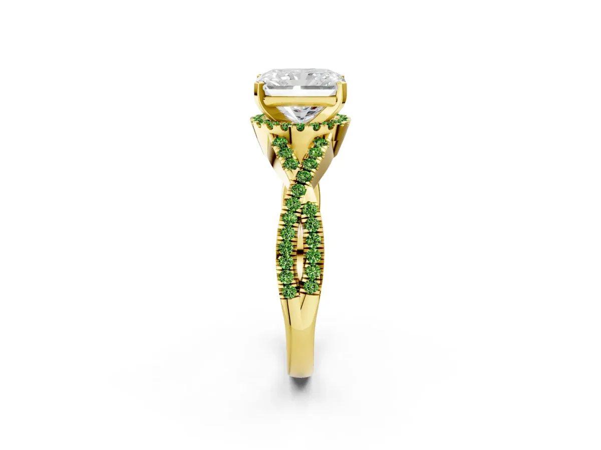 Radiant Cut Diamond Peridot Halo Twist Band Solitaire Prong Setting Ring Yellow gold