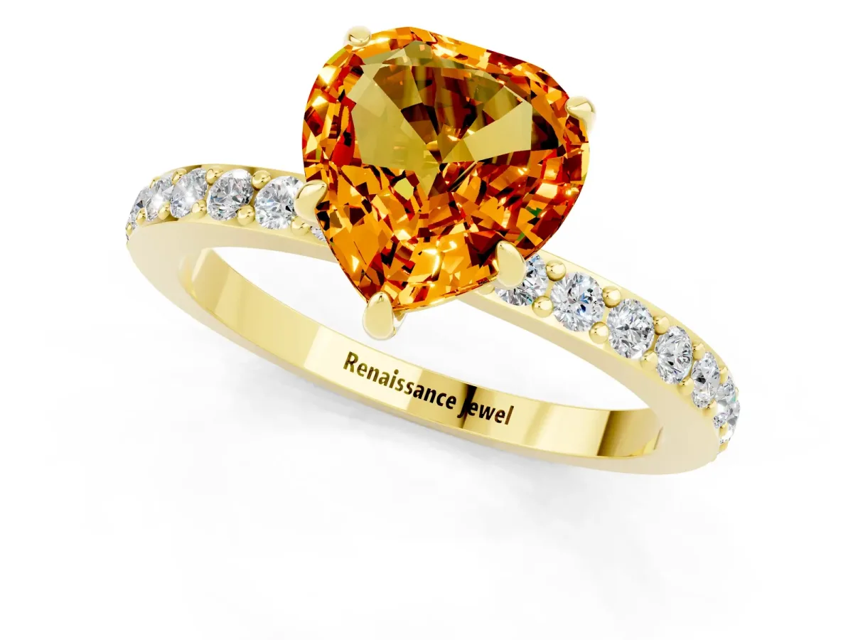 Heart Cut Citrine Solitaire Engagement Ring with Pavé Band and Four-Prong Setting Yellow gold