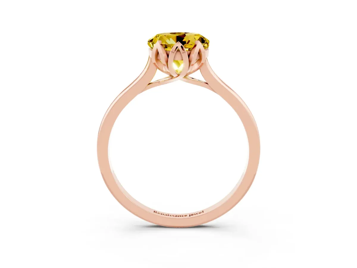 Round Cut Yellow Sapphire Solitaire Ring with Flower Prong Setting and Classic Band Rose gold