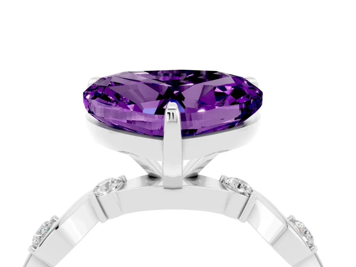Heart Cut Amethyst Solitaire Twisted Band with Round Accents and Prong Setting White gold