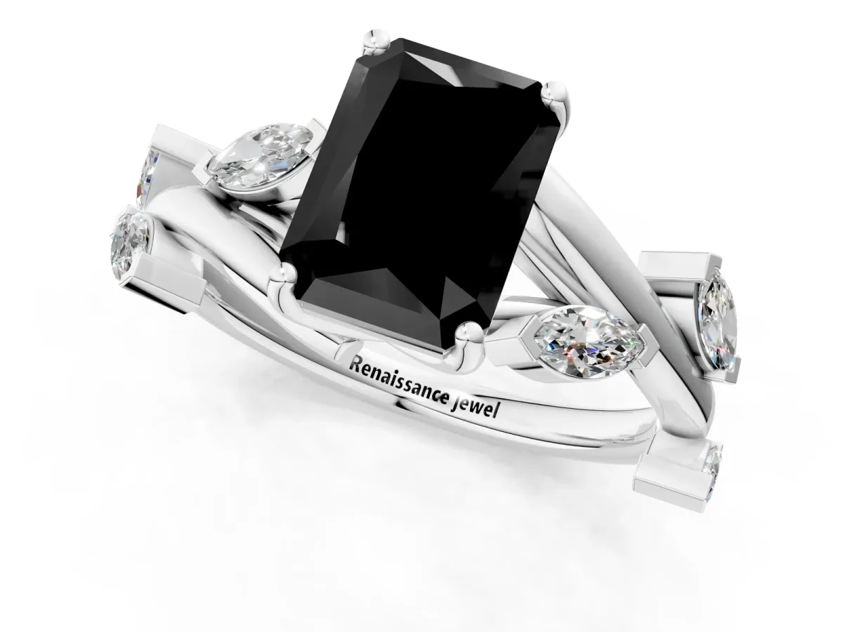 Fancy Black Radiant Cut Solitaire Twisted Band Marquise Accent Prong Setting Ring Platinum