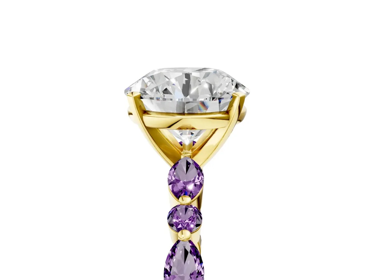 Round Cut Diamond Ring with Marquise and Round Amethyst Side Stones and Four-Prong Setting Yellow gold
