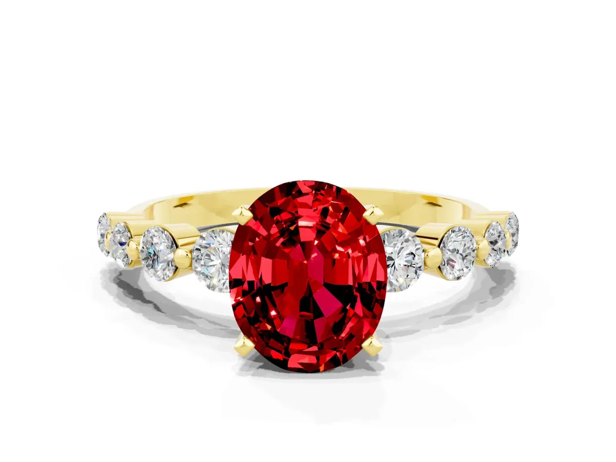 Oval Cut Solitaire Ruby Ring with Pave Band and Four-Prong Setting Yellow gold