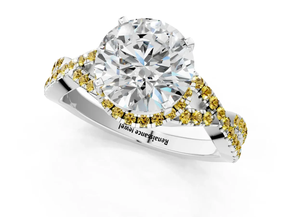 Round Cut Diamond Yellow Sapphire Halo Twist Band Solitaire Prong Setting Ring White gold