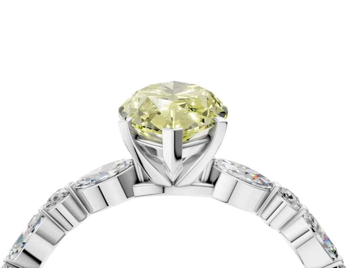 Fancy Yellow Marquise Cut Diamond Ring with Marquise and Round Side Stones and Four-Prong Setting White gold