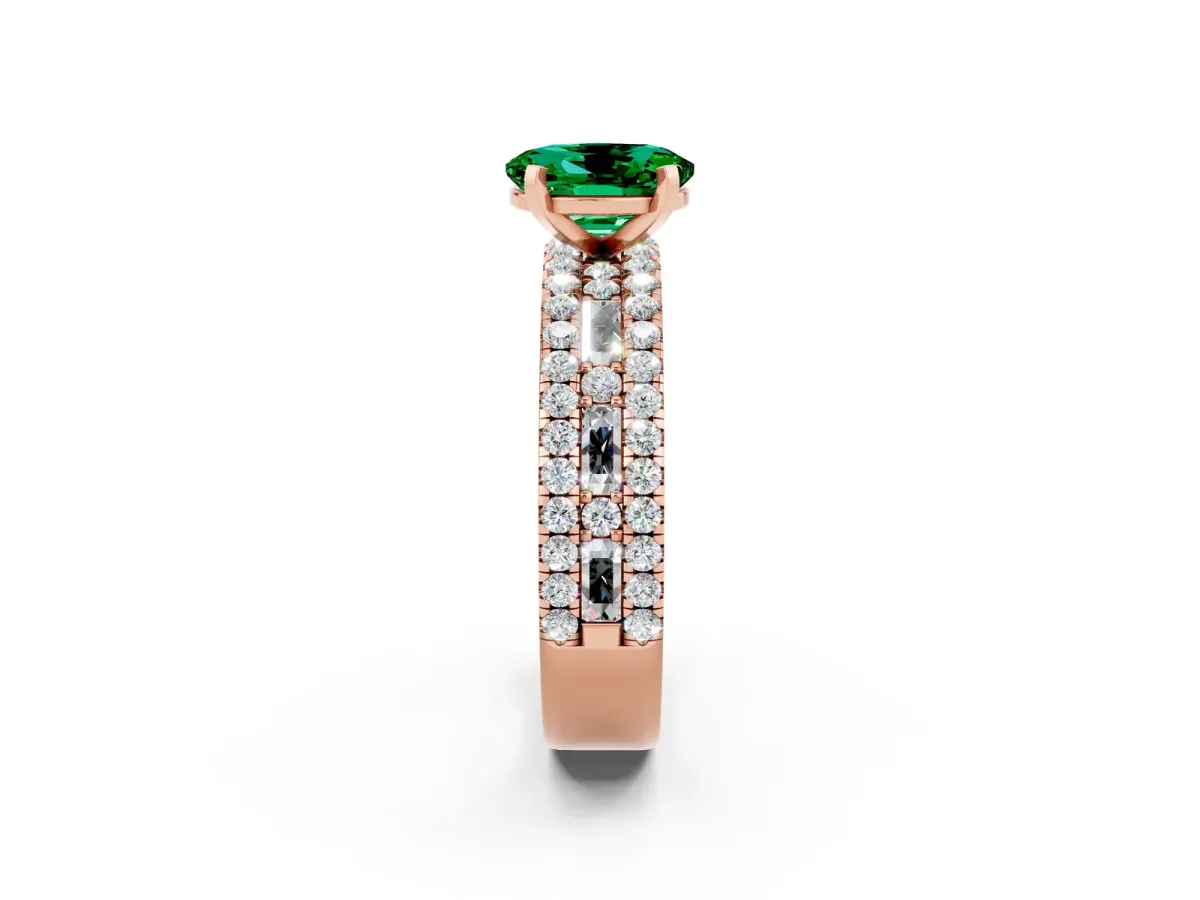 Oval Cut Emerald Solitaire Ring with Pavé and Channel Set Band Rose gold